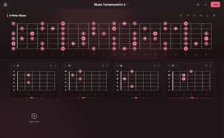 A minor blues scale on a guitar fretboard with A7, D7, E9 and E7 voicings underneath