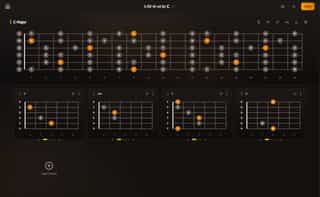 C major scale mapped across a guitar fretboard with C, Am, F and G chord diagrams below it