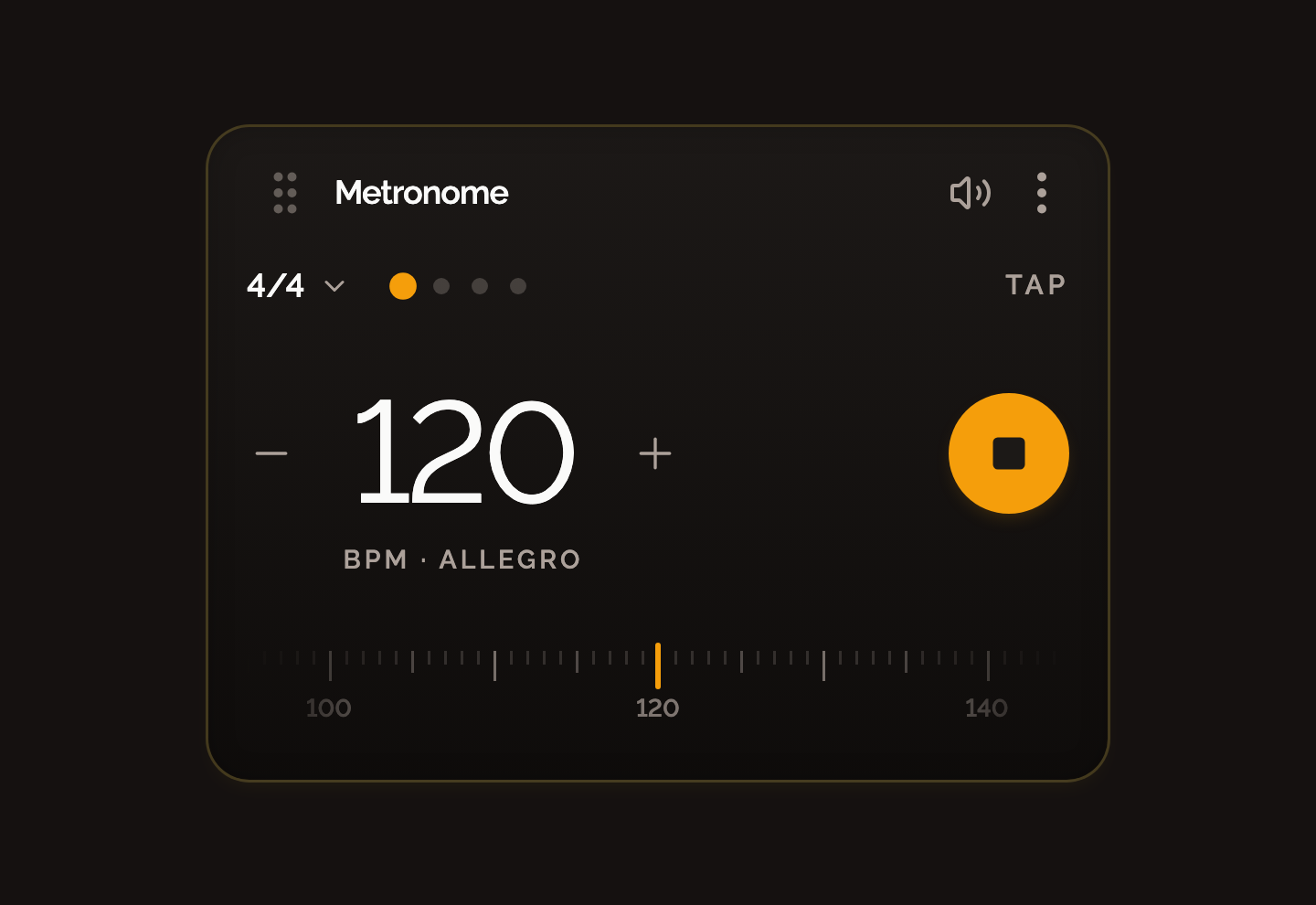 The metronome widget playing at 120 BPM in 4/4, the downbeat lit